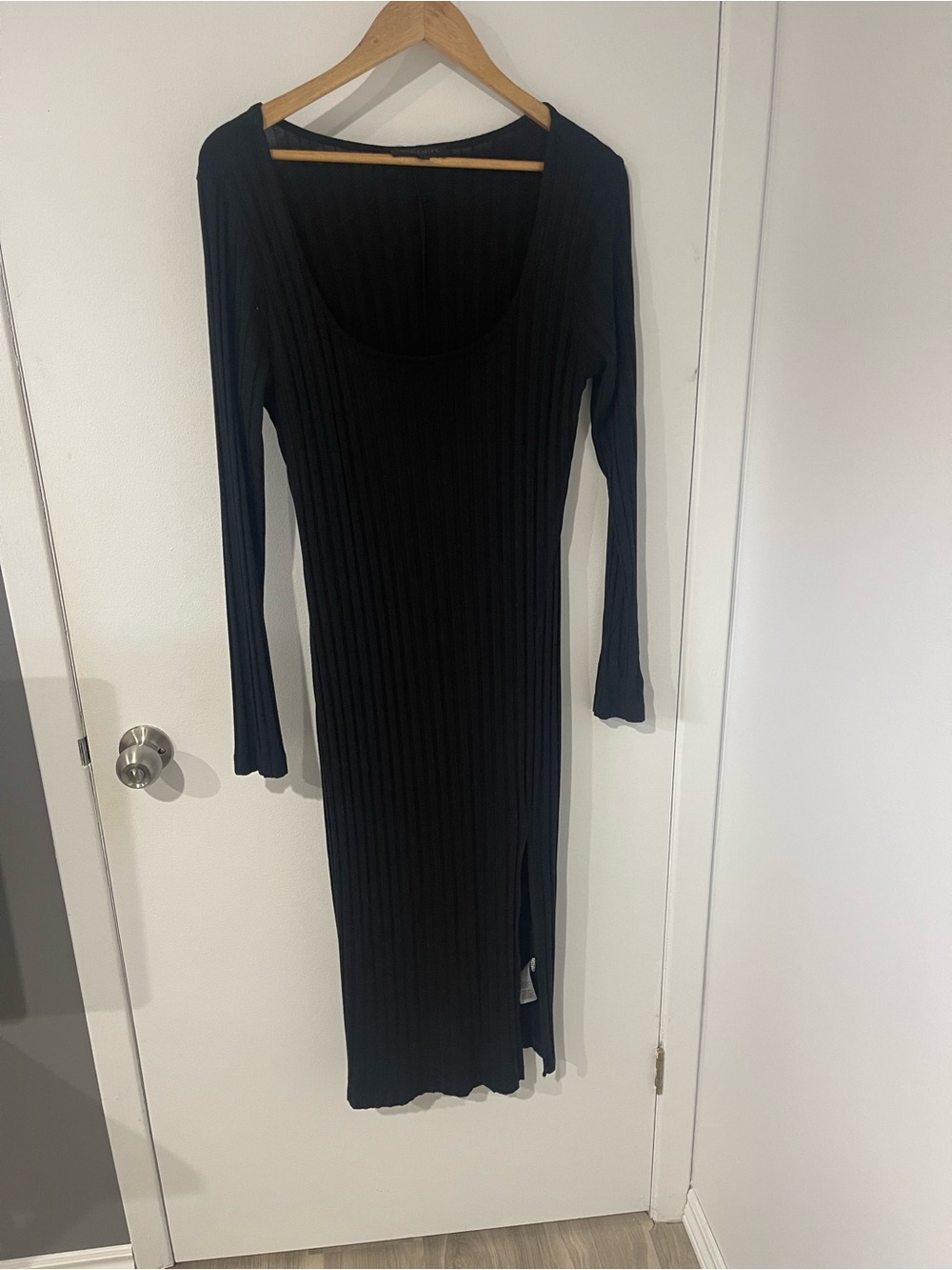 Women's Long Sleeve Ribbed Black Midi Dress